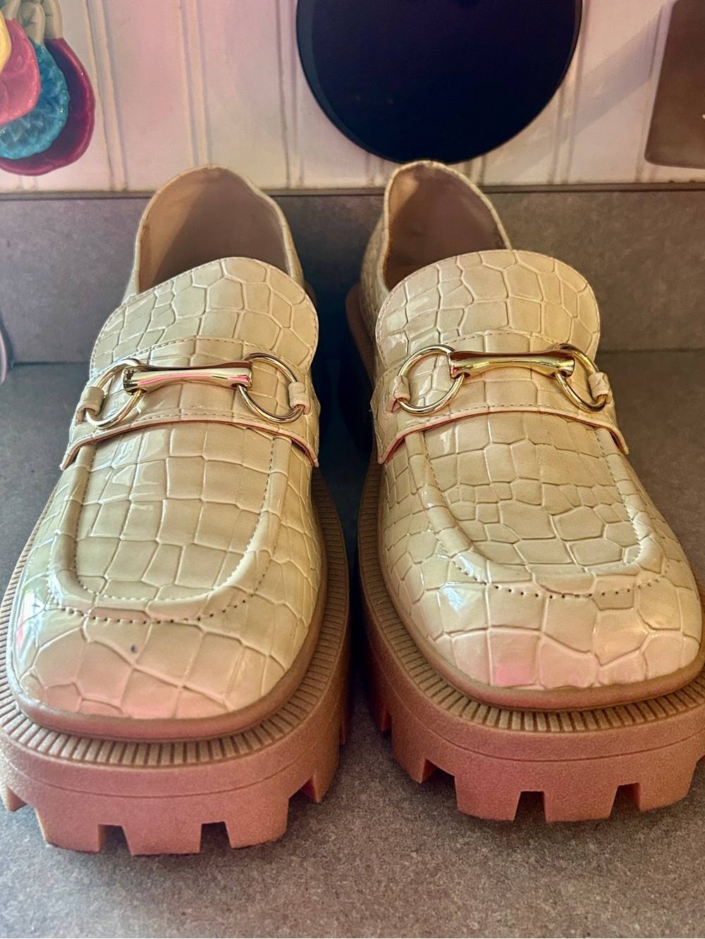 Urban Outfitters Cream Croc-Embossed Platform Loafers with Gold Bit